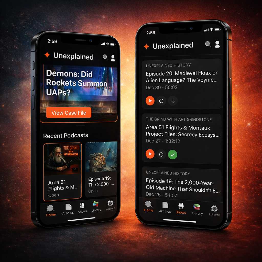 Two dark smartphone screens showing Unexplained app interface
